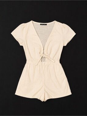 Women's Cream Striped Tie-Front Romper